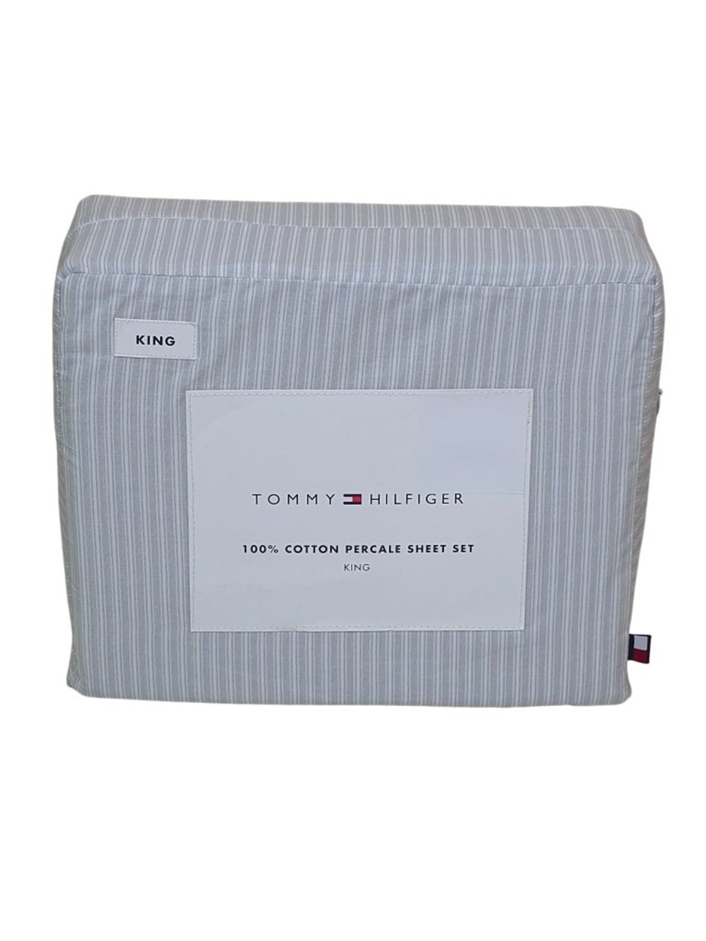 Tommy Hilfiger 100% Cotton Percale King Sheet Set Highland Ticking Stripe Grey